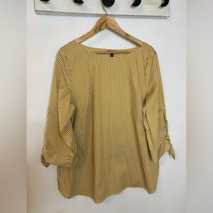 Talbots Mustard Striped Tie Sleeve Cotton Top